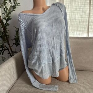We The Free Womens Catalina Tunic Top Blue Long Sleeve V Neck Waffle Knit